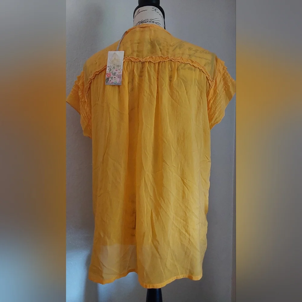 NEW JOHNNY WAS LAFARET Yellow Embroidered Blouse, Short Sleeve, size L - Picture 10 of 14